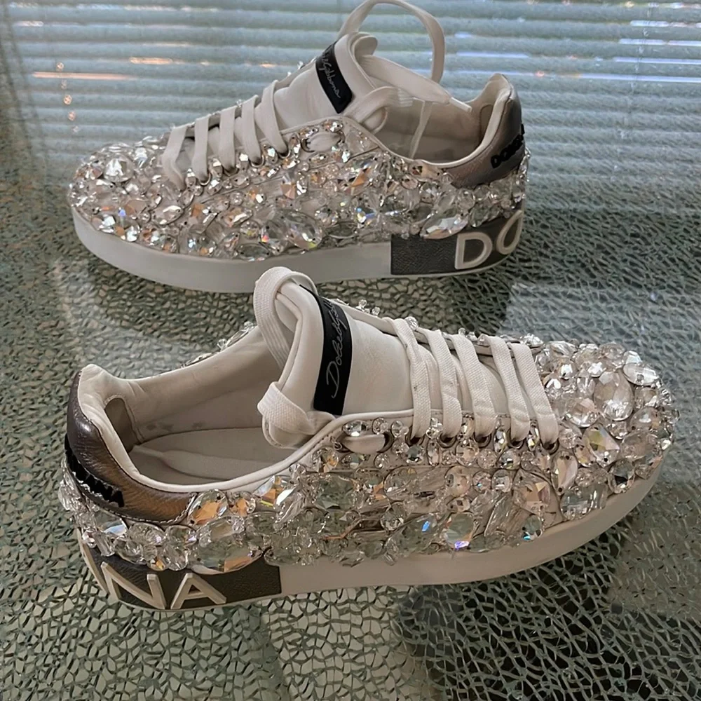 Dolce & Gabbana Portofino Crystal Embellished Leather Sneakers - Picture 1 of 16
